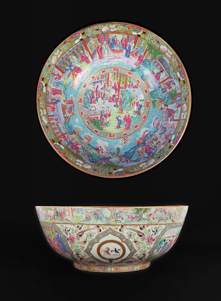 Chinese export porcelain armorial massive punchbowl, arms of clerke